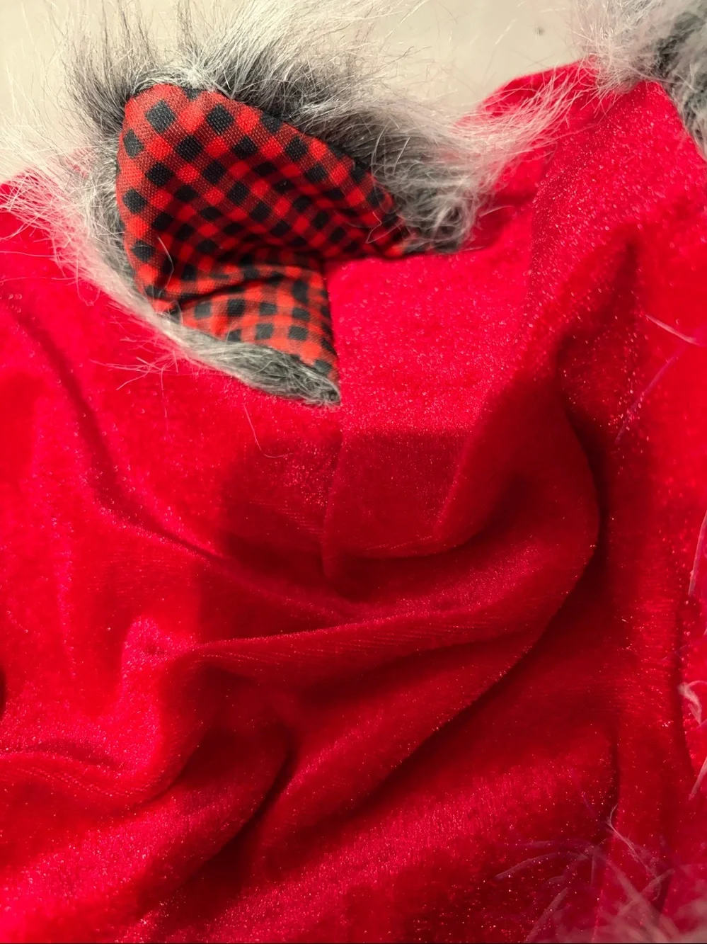 Spirit Red and Black Buffalo Plaid Wolf Hood with Gray Faux Fur Trim - Picture 3 of 5